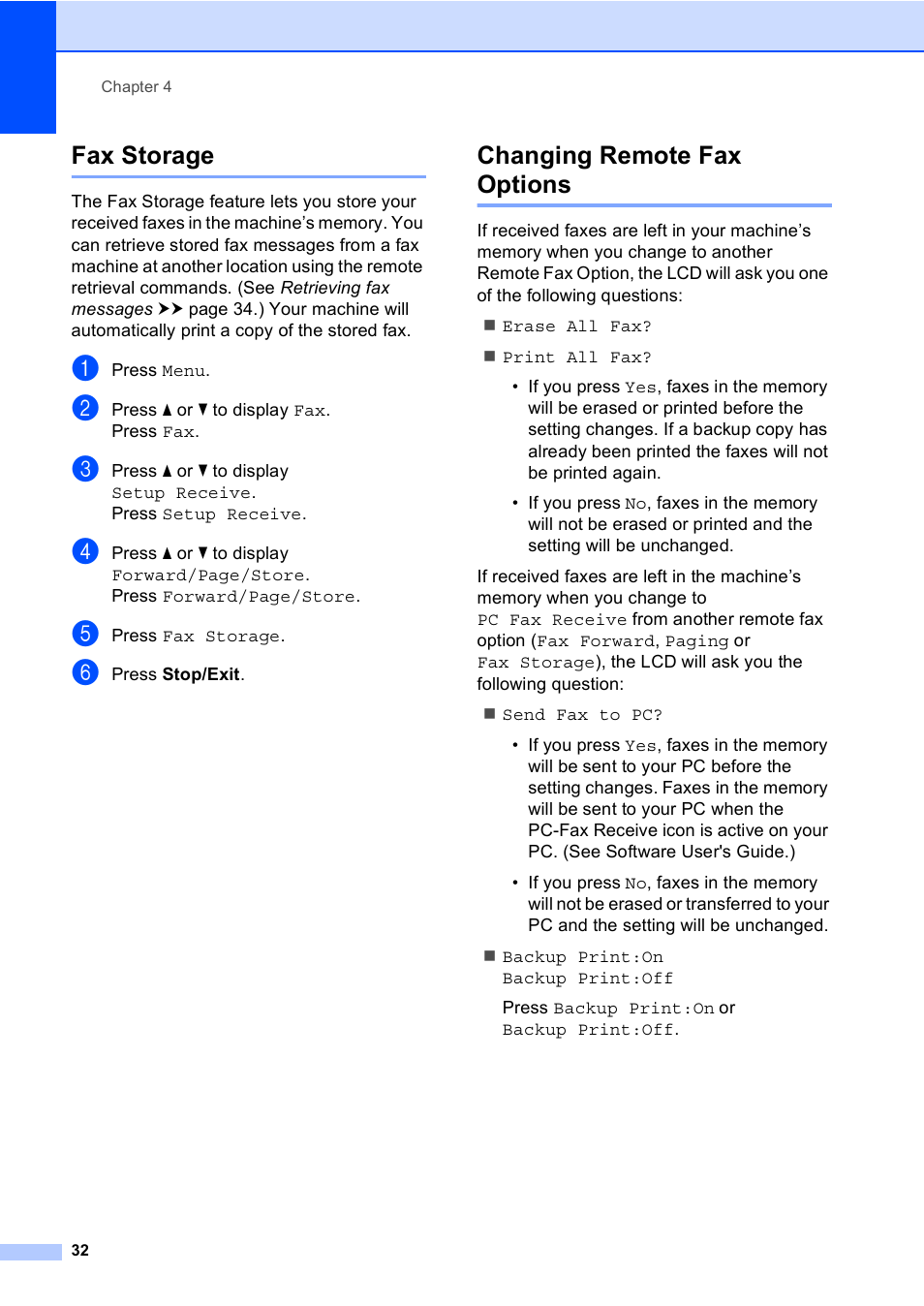 Fax storage, Changing remote fax options, Fax storage changing remote fax options | Brother iPrint&Scan MFC-8950DW User Manual | Page 38 / 94