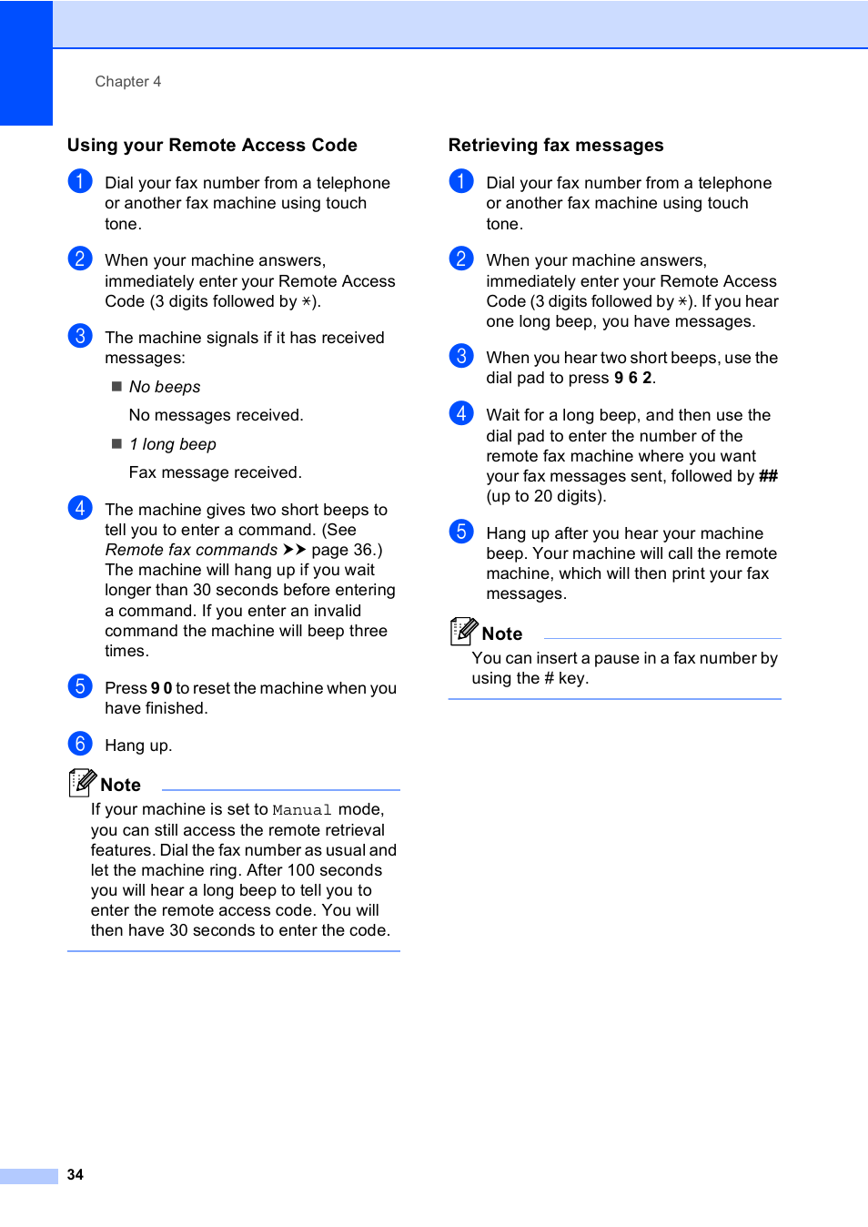 Using your remote access code, Retrieving fax messages | Brother iPrint&Scan MFC-8950DW User Manual | Page 40 / 94