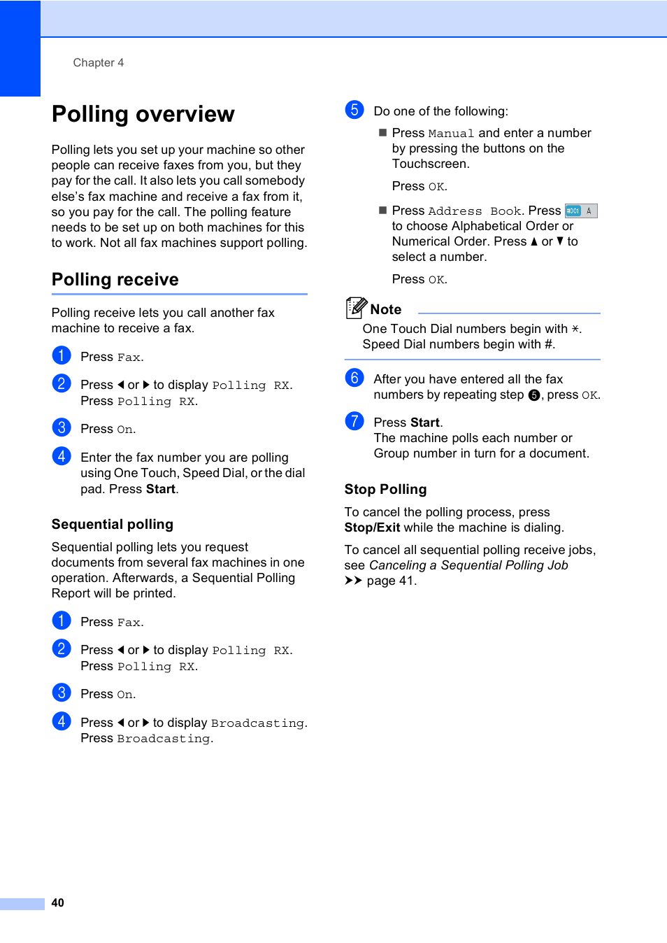 Polling overview, Polling receive, Sequential polling | Stop polling | Brother iPrint&Scan MFC-8950DW User Manual | Page 46 / 94