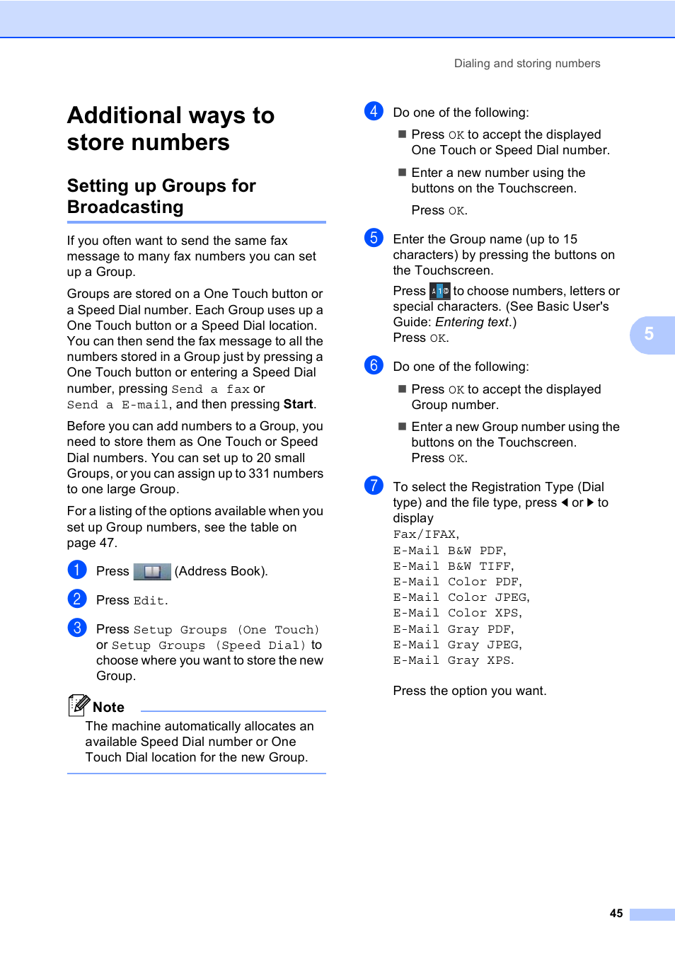 Additional ways to store numbers, Setting up groups for broadcasting | Brother iPrint&Scan MFC-8950DW User Manual | Page 51 / 94