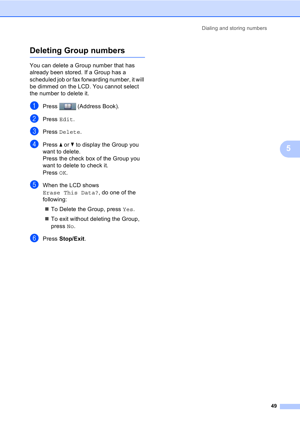 Deleting group numbers, 5deleting group numbers | Brother iPrint&Scan MFC-8950DW User Manual | Page 55 / 94