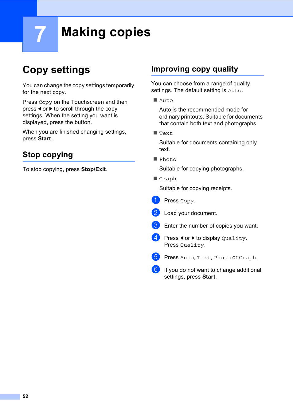 7 making copies, Copy settings, Stop copying | Improving copy quality, Making copies, Stop copying improving copy quality | Brother iPrint&Scan MFC-8950DW User Manual | Page 58 / 94