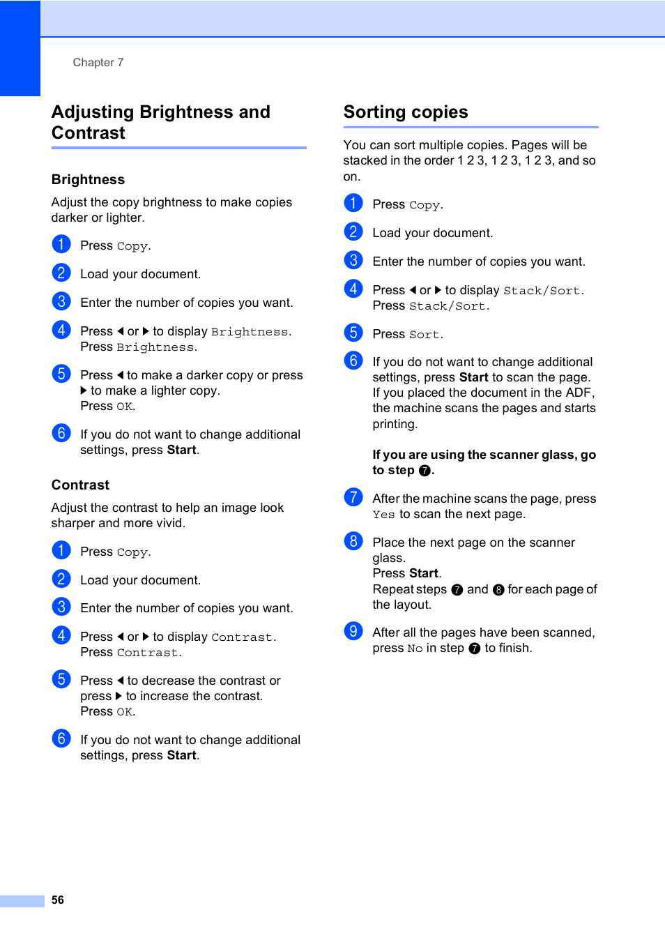 Adjusting brightness and contrast, Brightness, Contrast | Sorting copies, Adjusting brightness and contrast sorting copies | Brother iPrint&Scan MFC-8950DW User Manual | Page 62 / 94