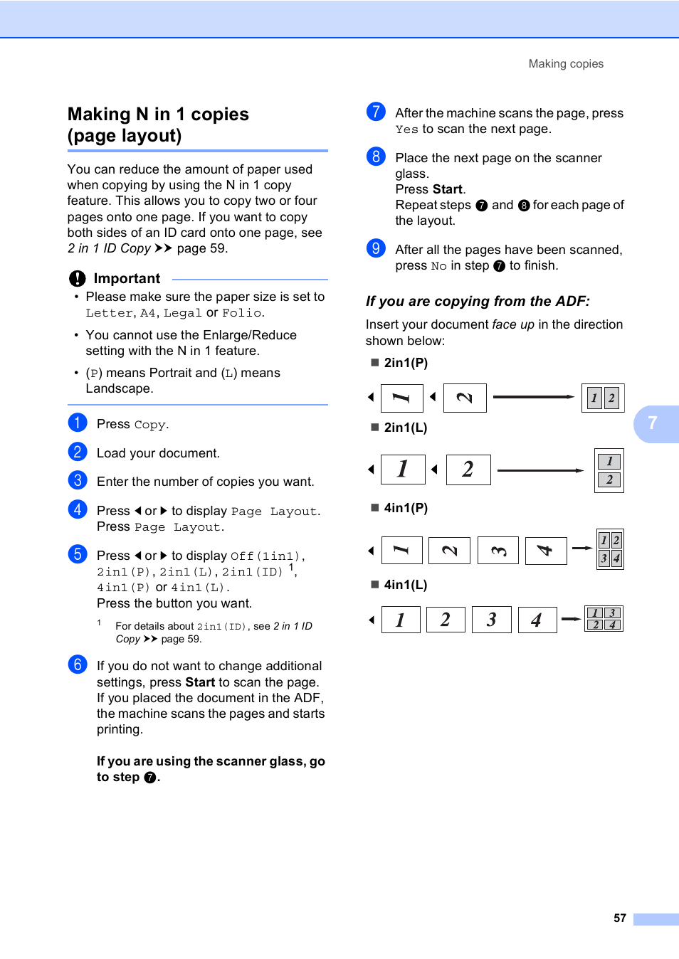 If you are copying from the adf, 7making n in 1 copies (page layout) | Brother iPrint&Scan MFC-8950DW User Manual | Page 63 / 94