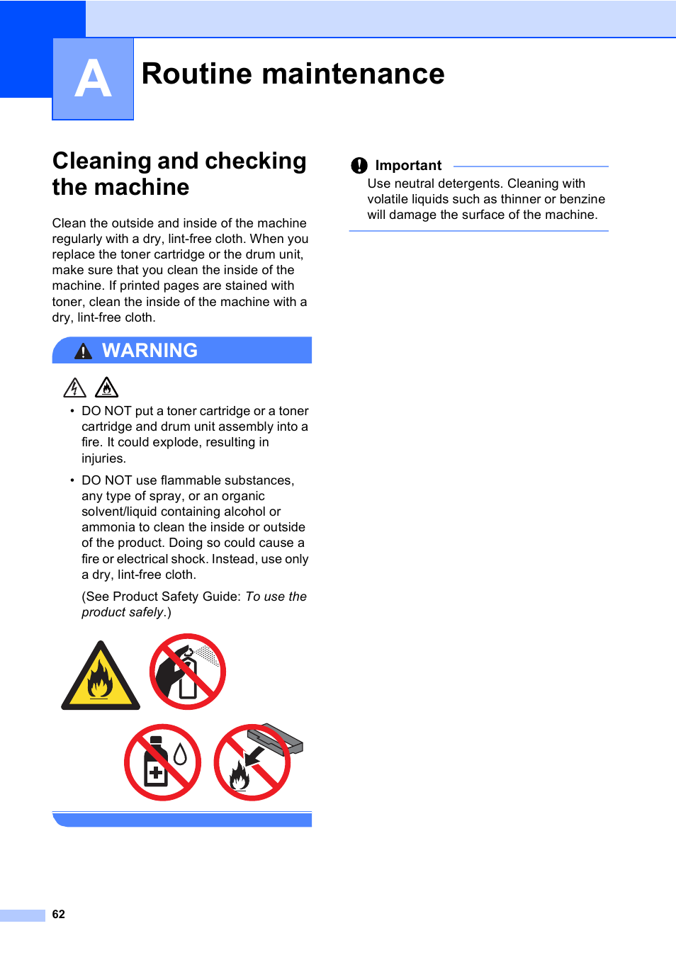 A routine maintenance, Cleaning and checking the machine, Routine maintenance | Warning | Brother iPrint&Scan MFC-8950DW User Manual | Page 68 / 94