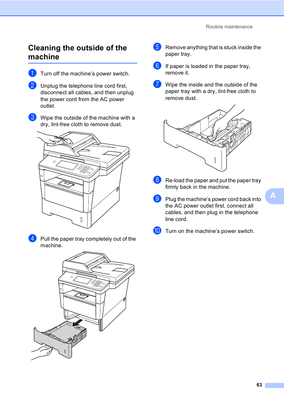 Cleaning the outside of the machine, Acleaning the outside of the machine | Brother iPrint&Scan MFC-8950DW User Manual | Page 69 / 94