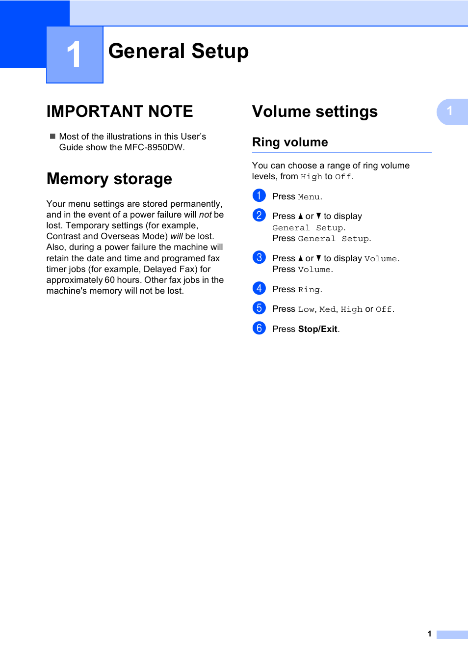 1 general setup, Important note, Memory storage | Volume settings, Ring volume, General setup, Important note memory storage volume settings | Brother iPrint&Scan MFC-8950DW User Manual | Page 7 / 94