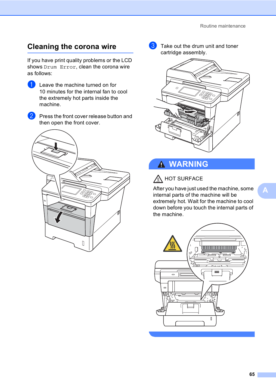 Cleaning the corona wire, Warning, Acleaning the corona wire | Brother iPrint&Scan MFC-8950DW User Manual | Page 71 / 94