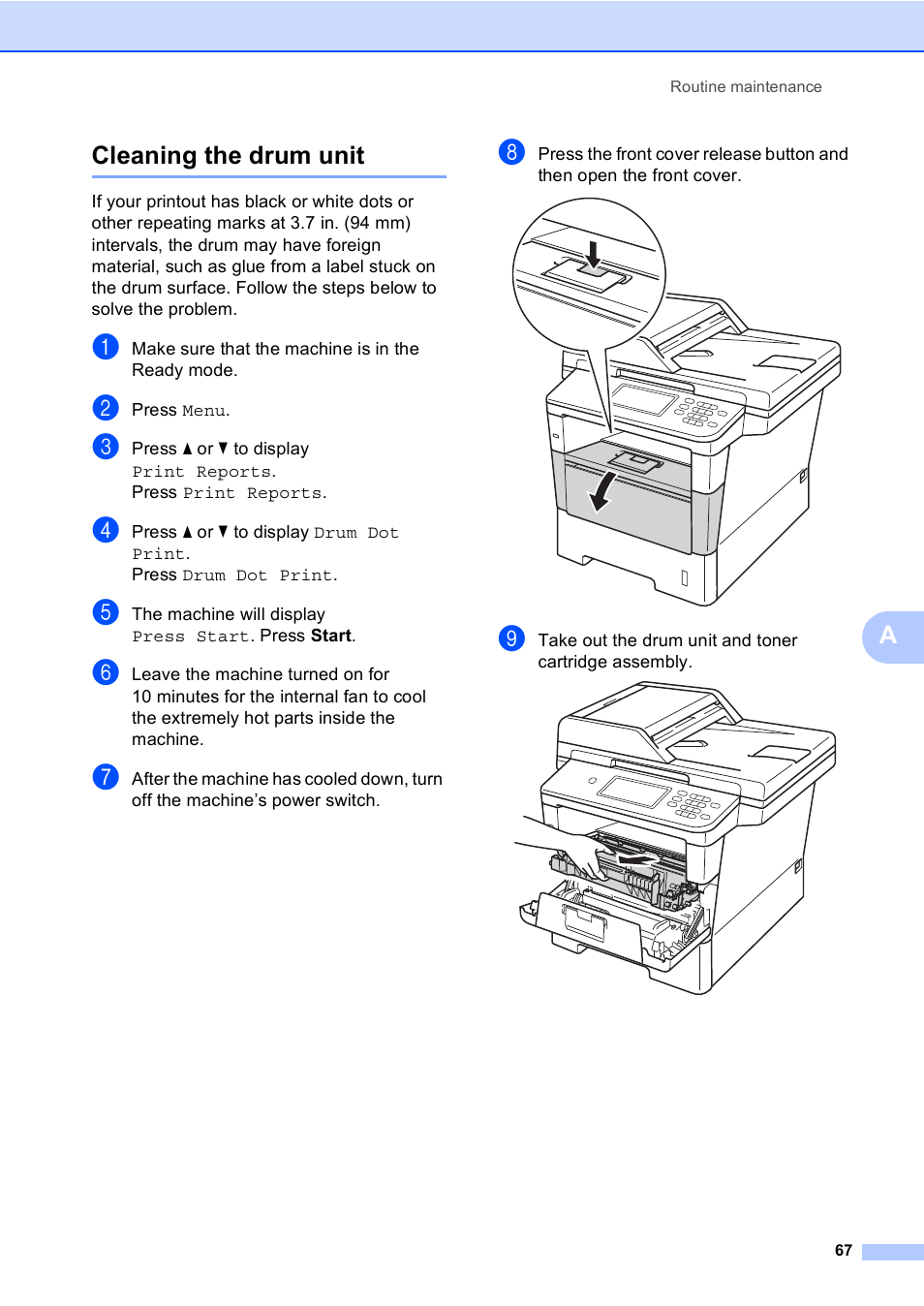 Cleaning the drum unit, Acleaning the drum unit | Brother iPrint&Scan MFC-8950DW User Manual | Page 73 / 94