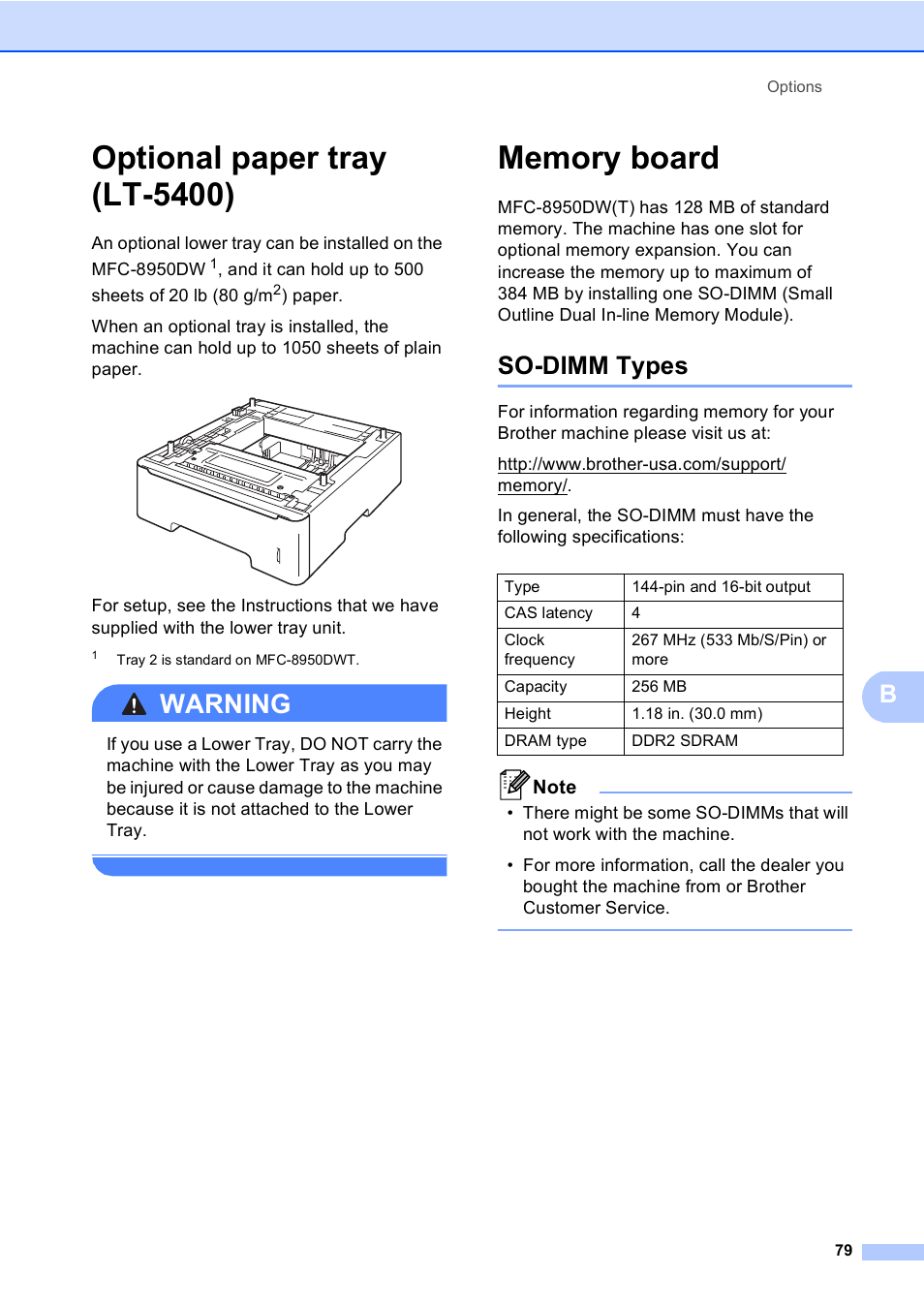 Optional paper tray (lt-5400), Memory board, So-dimm types | Optional paper tray (lt-5400) memory board, Warning | Brother iPrint&Scan MFC-8950DW User Manual | Page 85 / 94