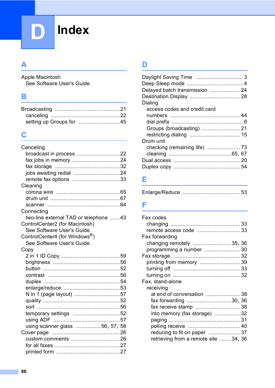 Index | Brother iPrint&Scan MFC-8950DW User Manual | Page 92 / 94