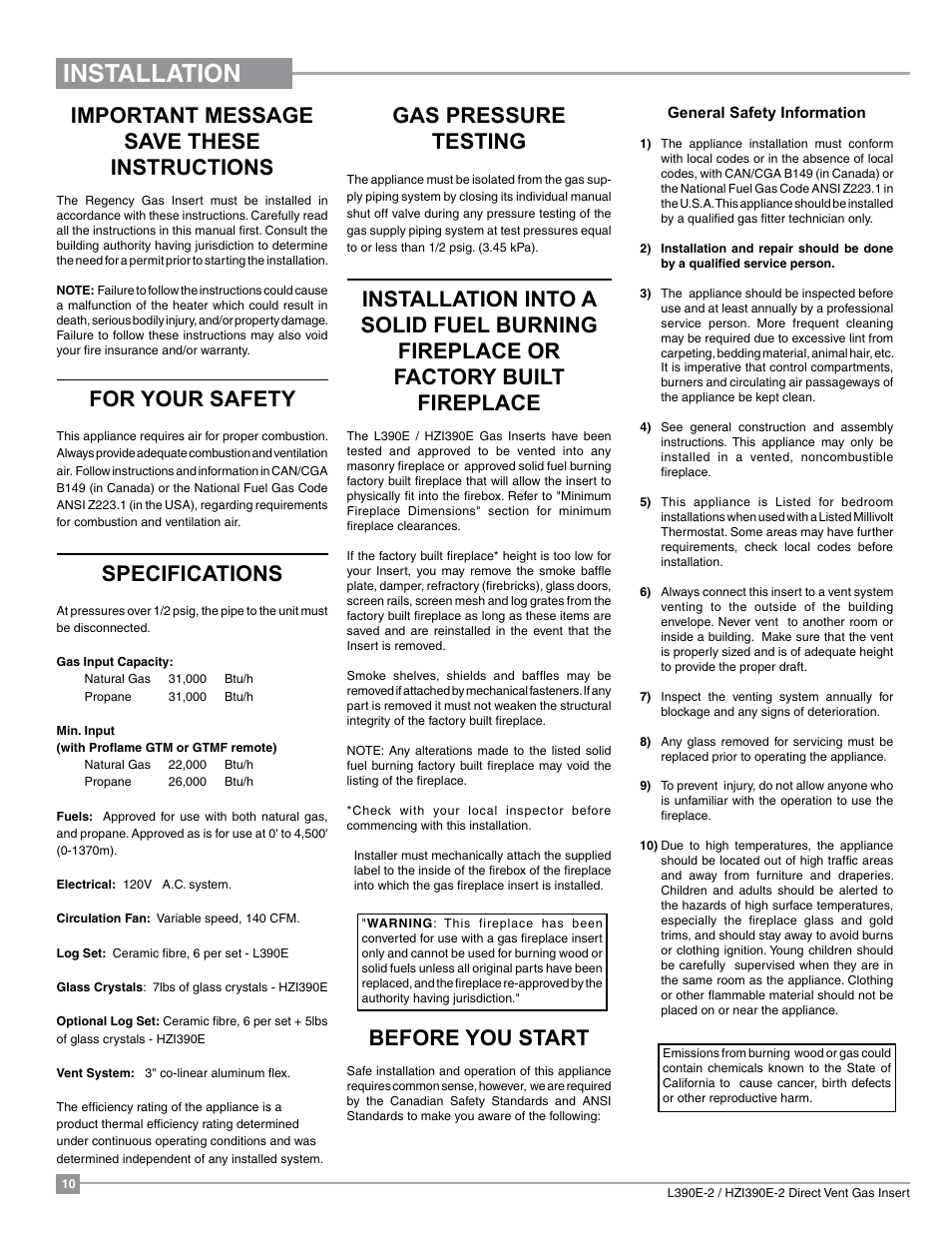 Installation, Important message save these instructions, For your safety | Specifications, Gas pressure testing, Before you start | Regency Liberty L390EB Medium Gas Insert User Manual | Page 10 / 60