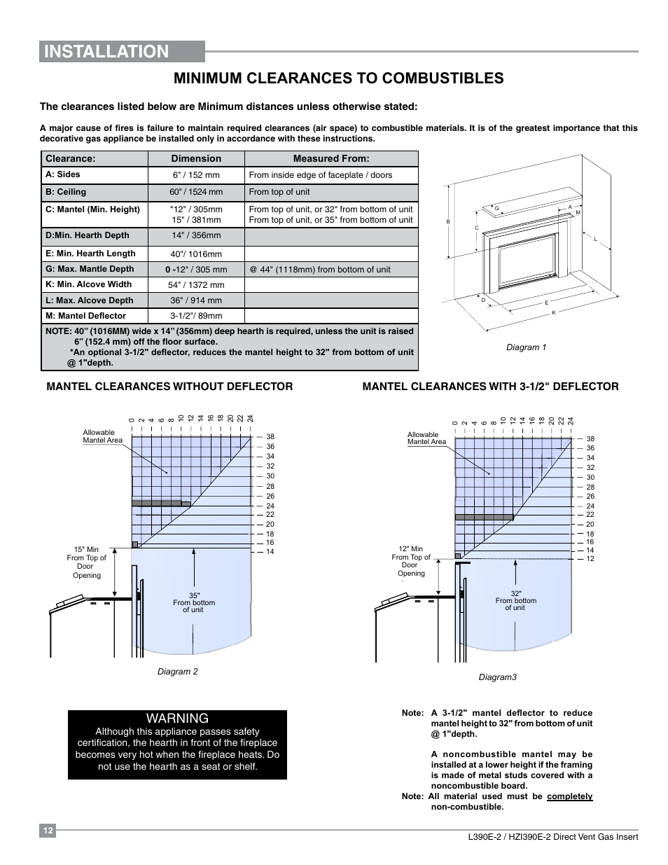 Installation, Minimum clearances to combustibles, Warning | Regency Liberty L390EB Medium Gas Insert User Manual | Page 12 / 60