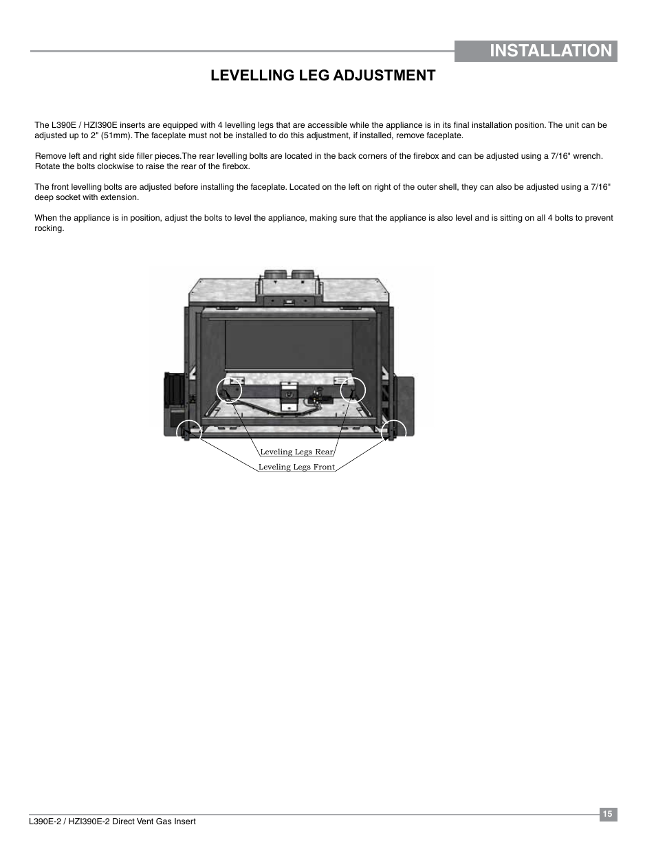 Installation, Levelling leg adjustment | Regency Liberty L390EB Medium Gas Insert User Manual | Page 15 / 60