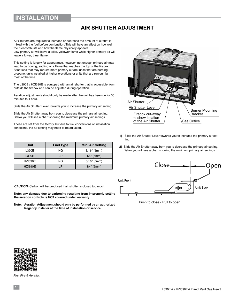 Close open, Installation, Air shutter adjustment | Regency Liberty L390EB Medium Gas Insert User Manual | Page 16 / 60