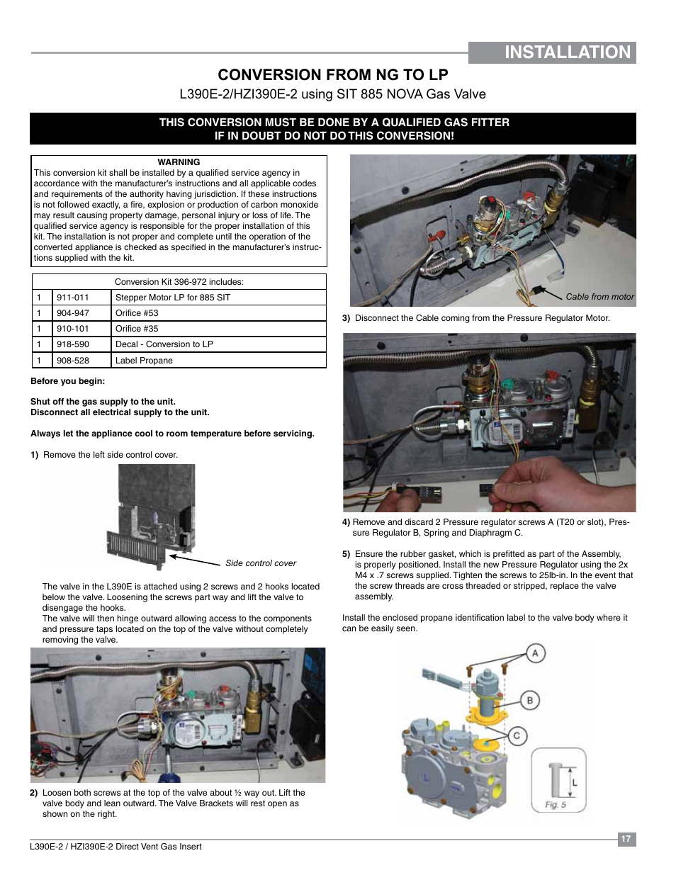 Installation, Conversion from ng to lp | Regency Liberty L390EB Medium Gas Insert User Manual | Page 17 / 60