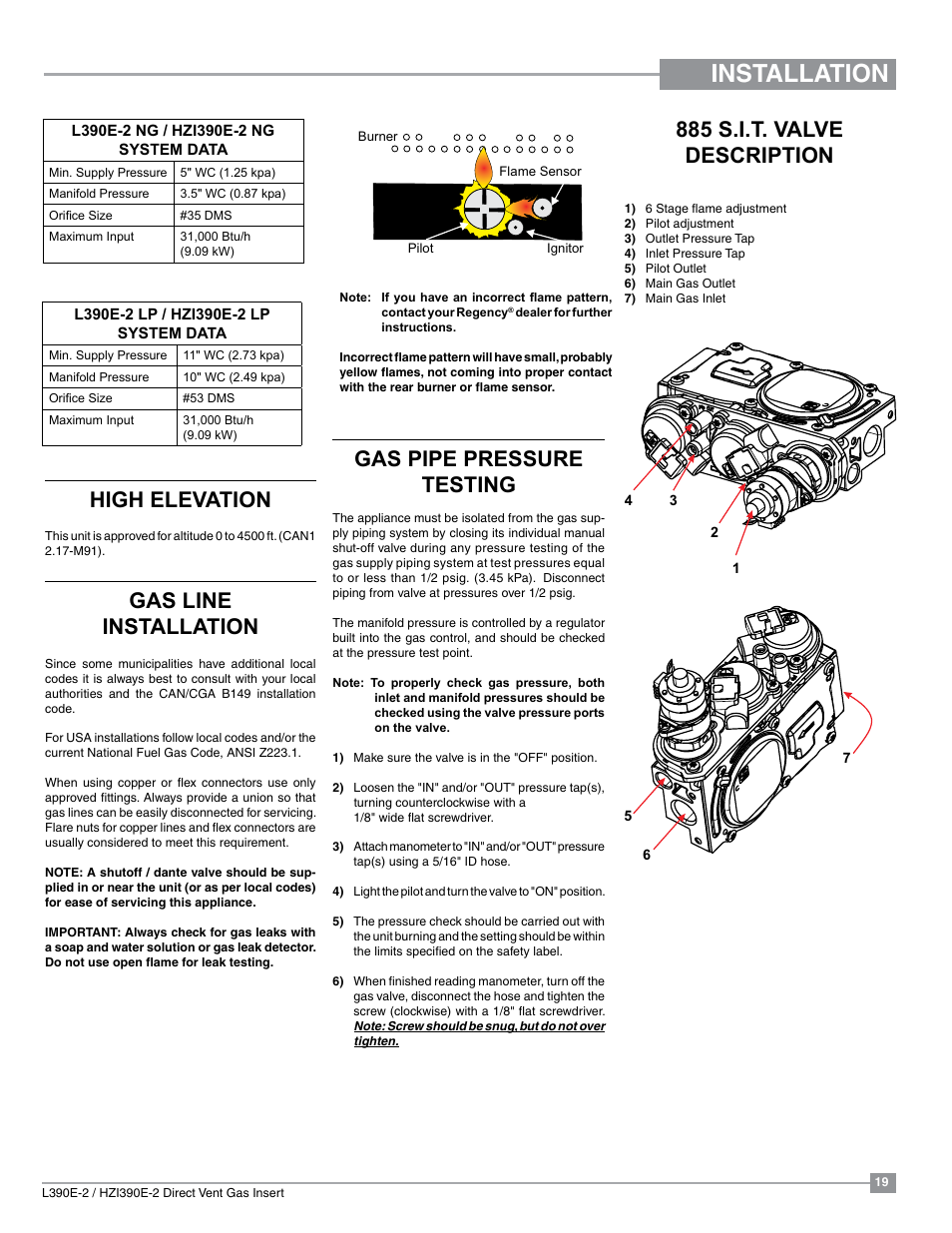 Installation, Gas pipe pressure testing, High elevation | Gas line installation, 885 s.i.t. valve description | Regency Liberty L390EB Medium Gas Insert User Manual | Page 19 / 60