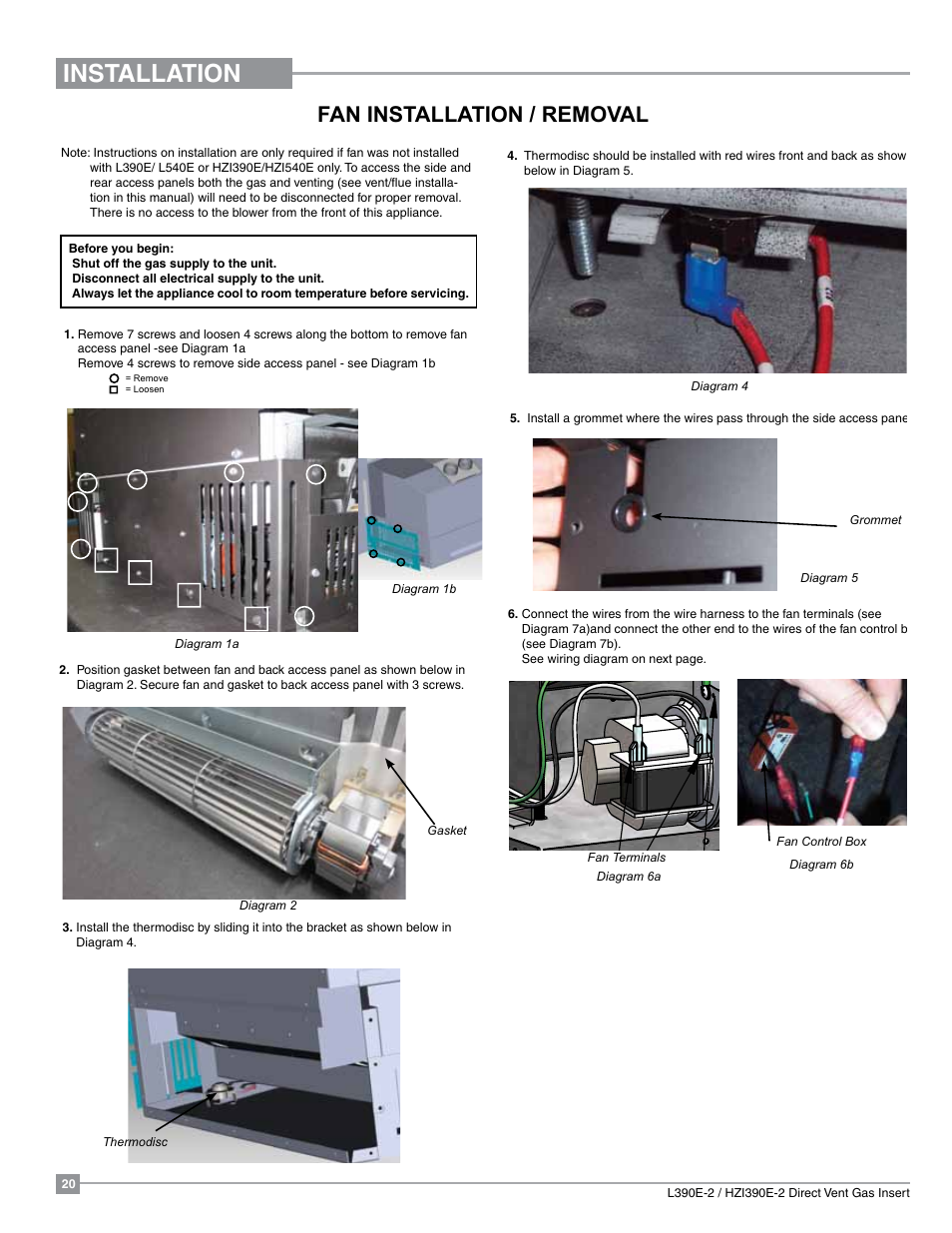 Installation, Fan installation / removal | Regency Liberty L390EB Medium Gas Insert User Manual | Page 20 / 60