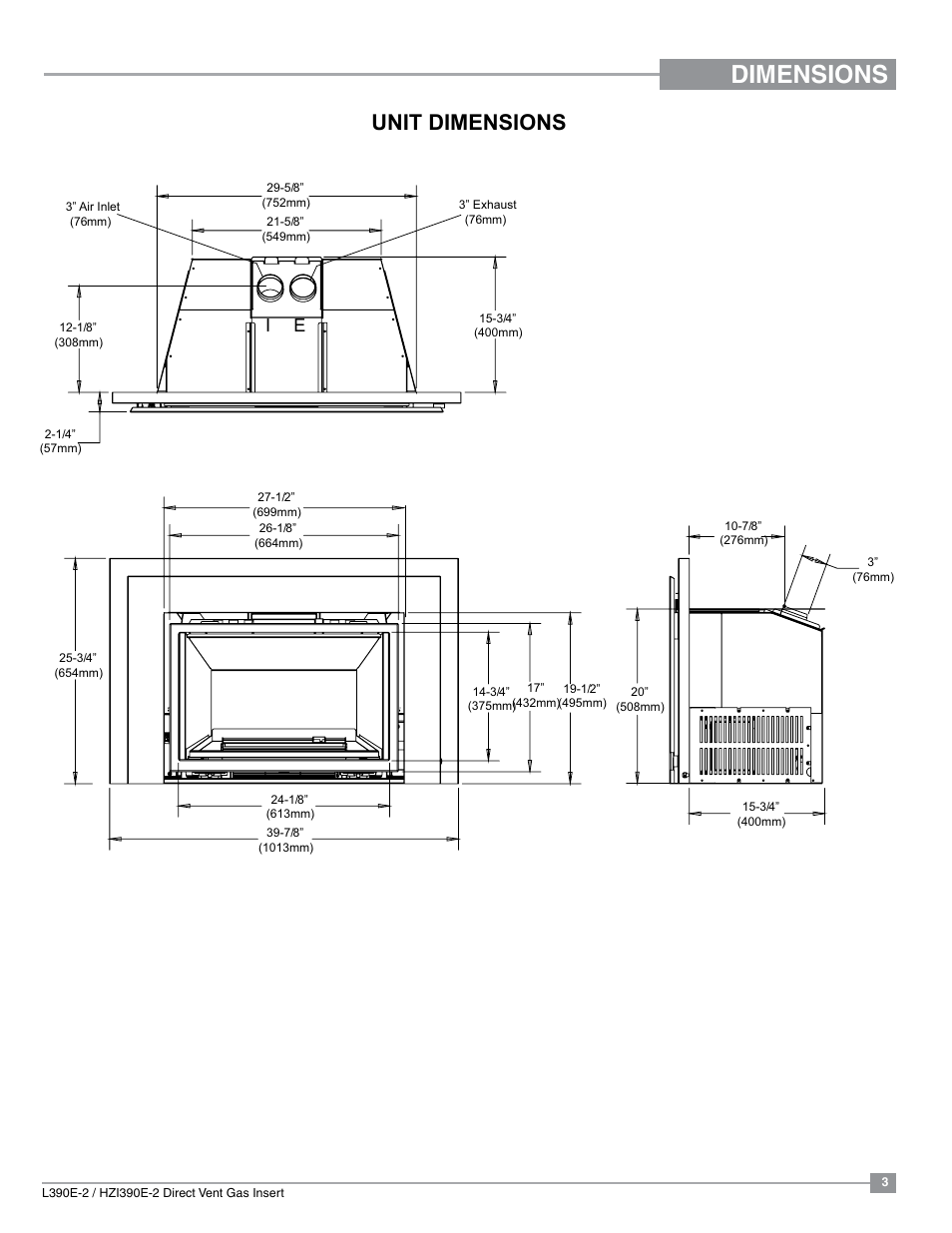 Dimensions, Unit dimensions | Regency Liberty L390EB Medium Gas Insert User Manual | Page 3 / 60