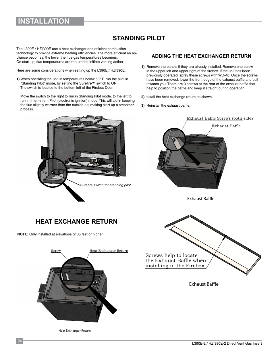 Installation, Standing pilot, Heat exchange return | Regency Liberty L390EB Medium Gas Insert User Manual | Page 34 / 60