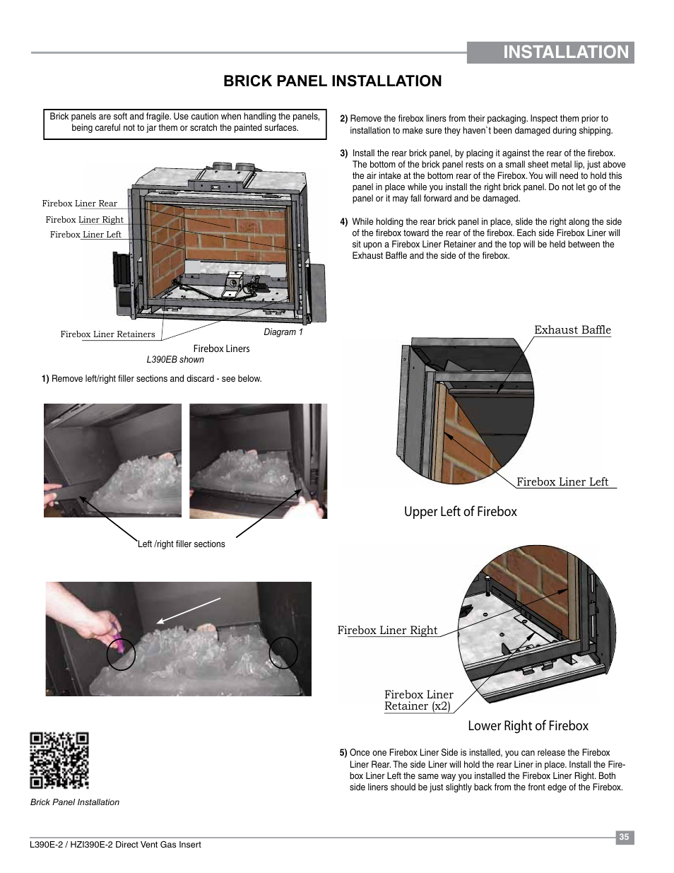 Installation, Brick panel installation, Upper left of firebox | Lower right of firebox | Regency Liberty L390EB Medium Gas Insert User Manual | Page 35 / 60