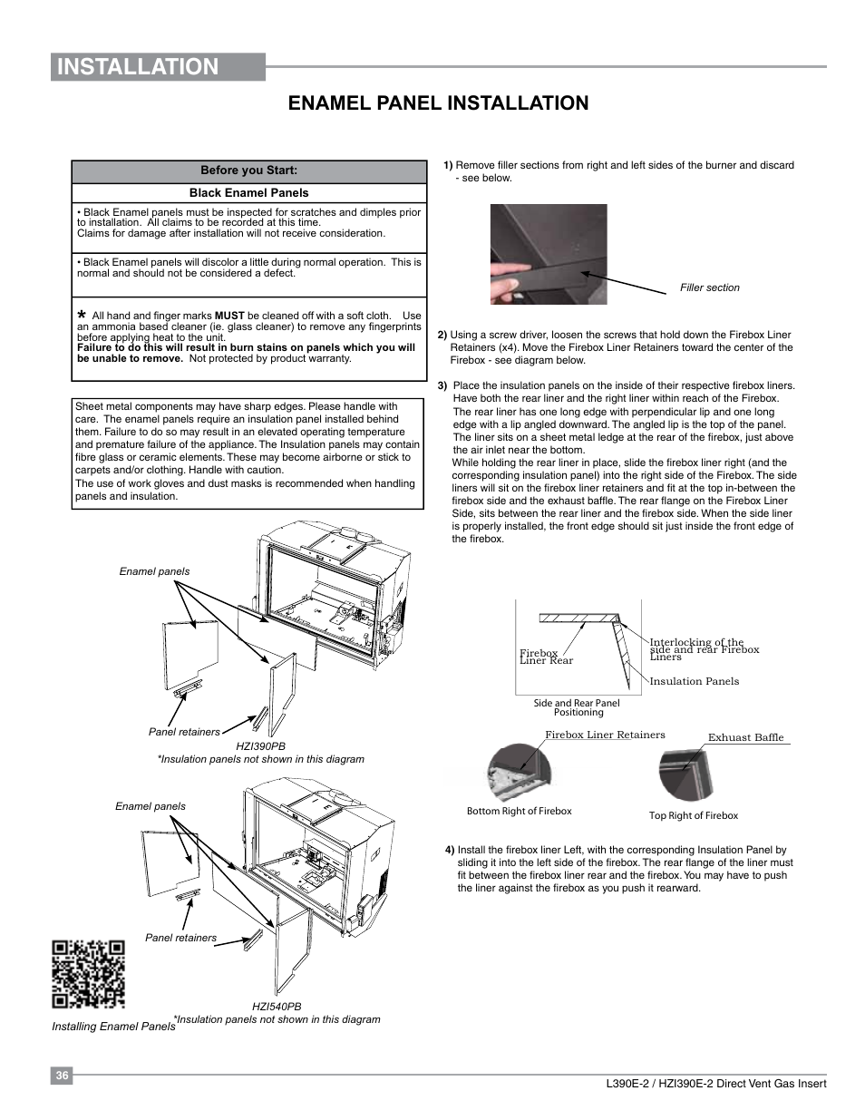 Installation, Enamel panel installation | Regency Liberty L390EB Medium Gas Insert User Manual | Page 36 / 60