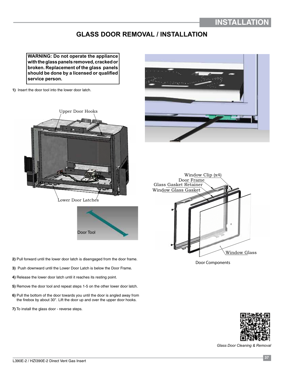 Installation, Glass door removal / installation | Regency Liberty L390EB Medium Gas Insert User Manual | Page 37 / 60