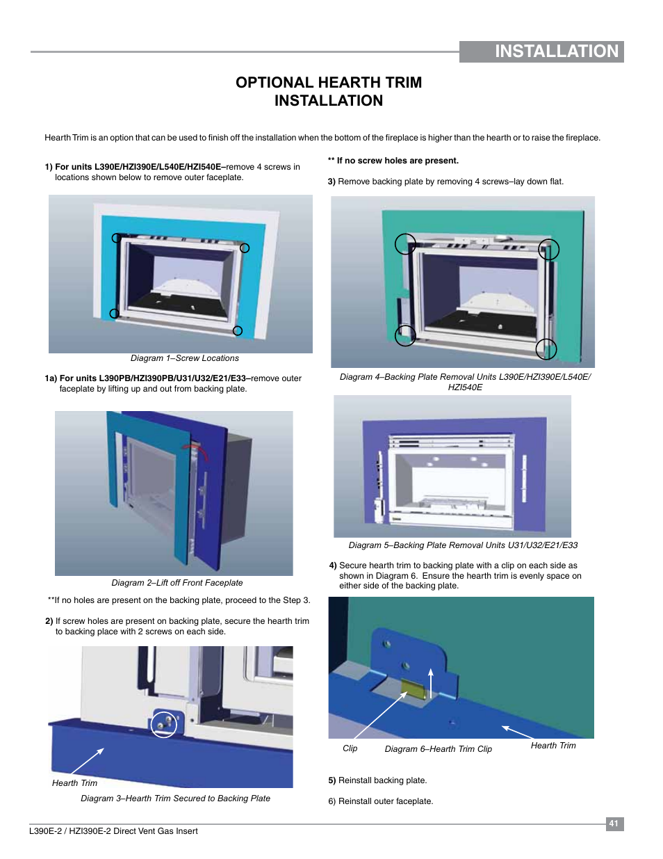 Low profile hearth trim, Installation, Optional hearth trim installation | Regency Liberty L390EB Medium Gas Insert User Manual | Page 41 / 60