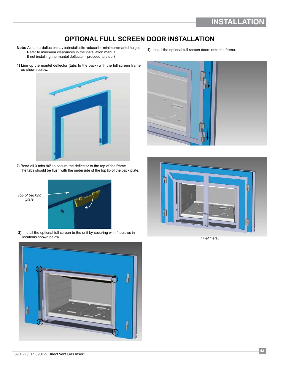 Installation, Optional full screen door installation | Regency Liberty L390EB Medium Gas Insert User Manual | Page 43 / 60