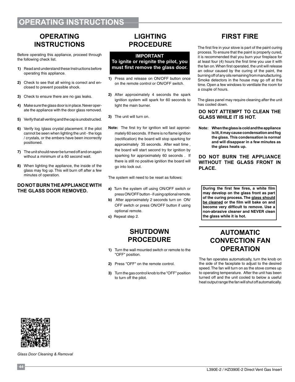 Operating instructions, Automatic convection fan operation, First fire | Shutdown procedure, Lighting procedure | Regency Liberty L390EB Medium Gas Insert User Manual | Page 44 / 60