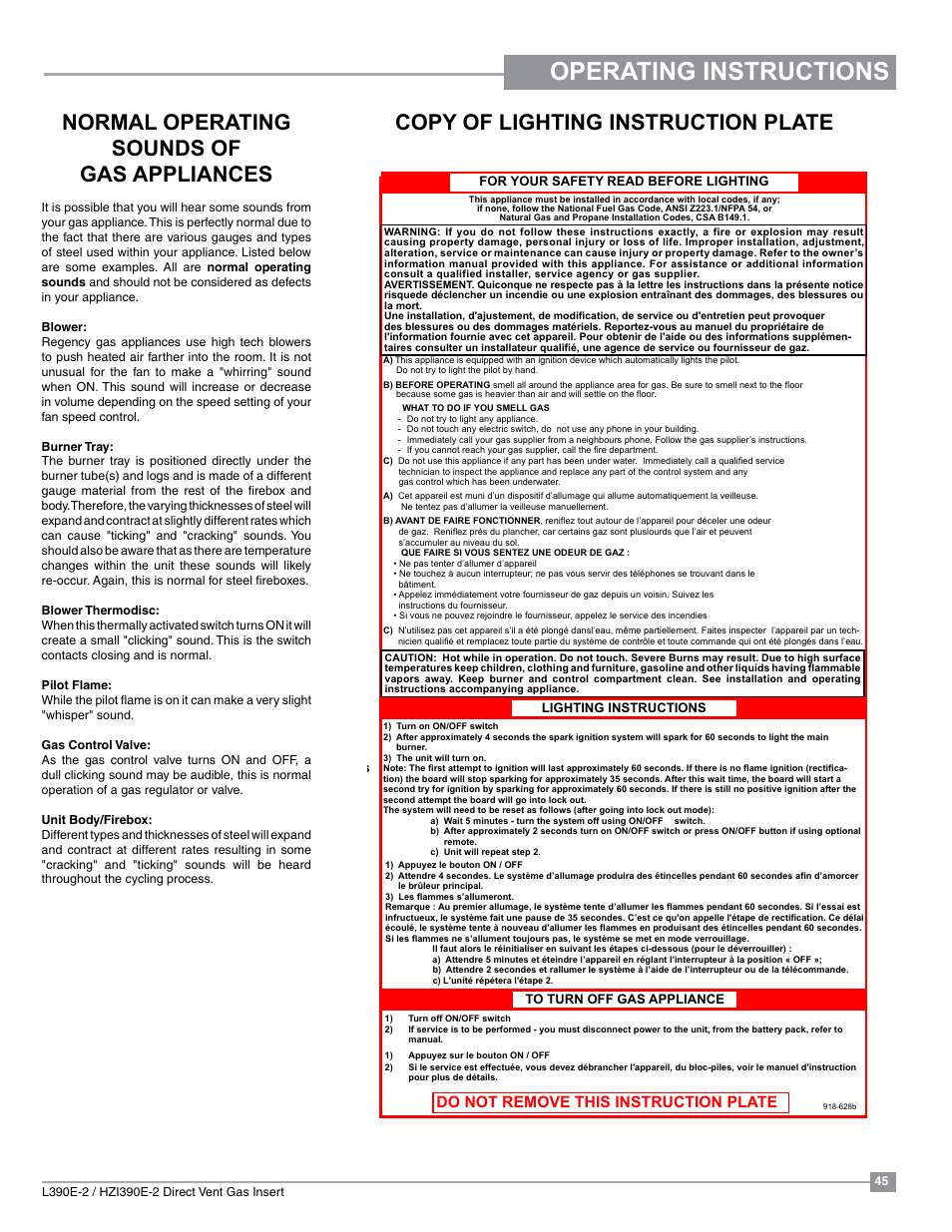 Operating instructions, Do not remove this instruction plate | Regency Liberty L390EB Medium Gas Insert User Manual | Page 45 / 60