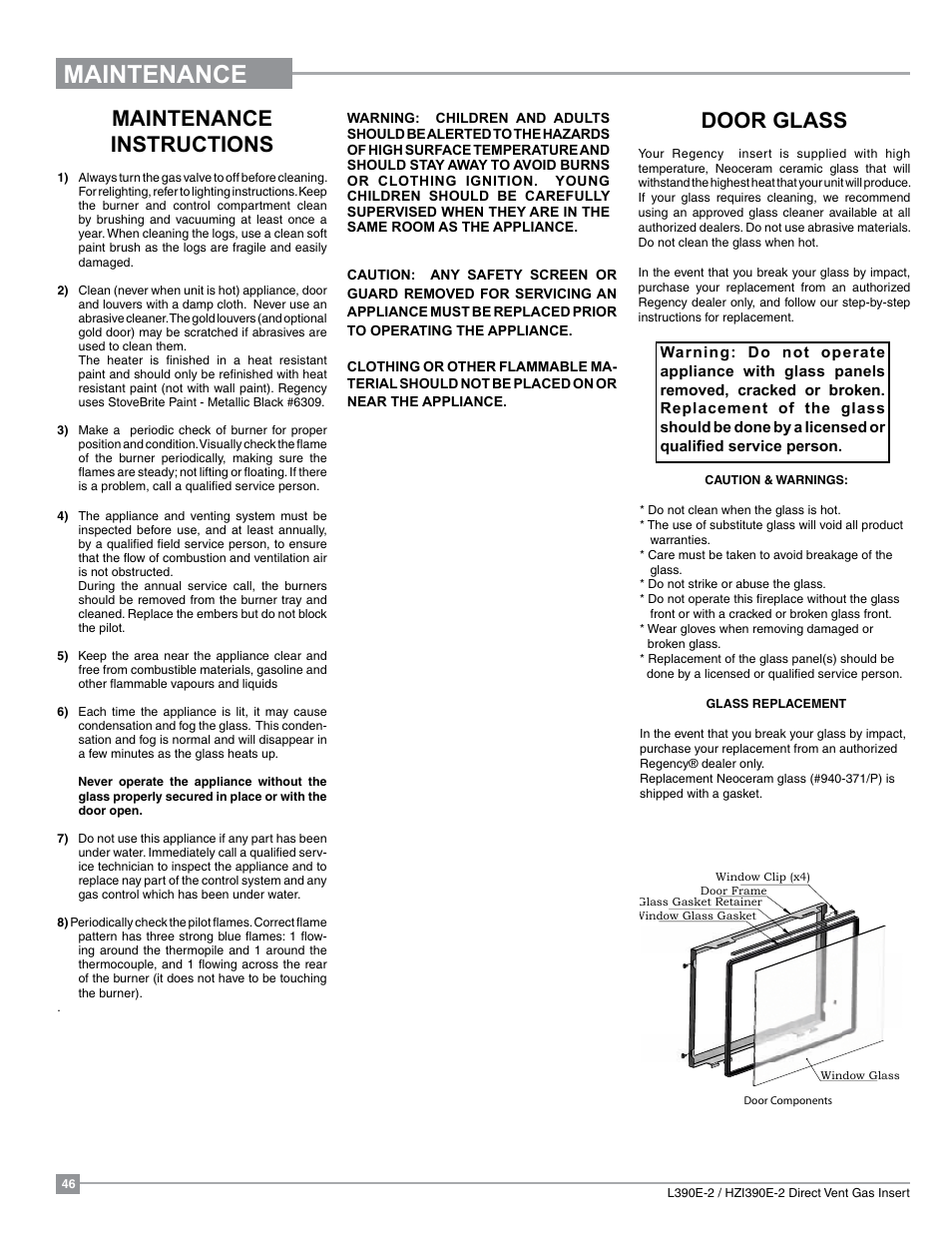 Maintenance, Maintenance instructions, Door glass | Regency Liberty L390EB Medium Gas Insert User Manual | Page 46 / 60