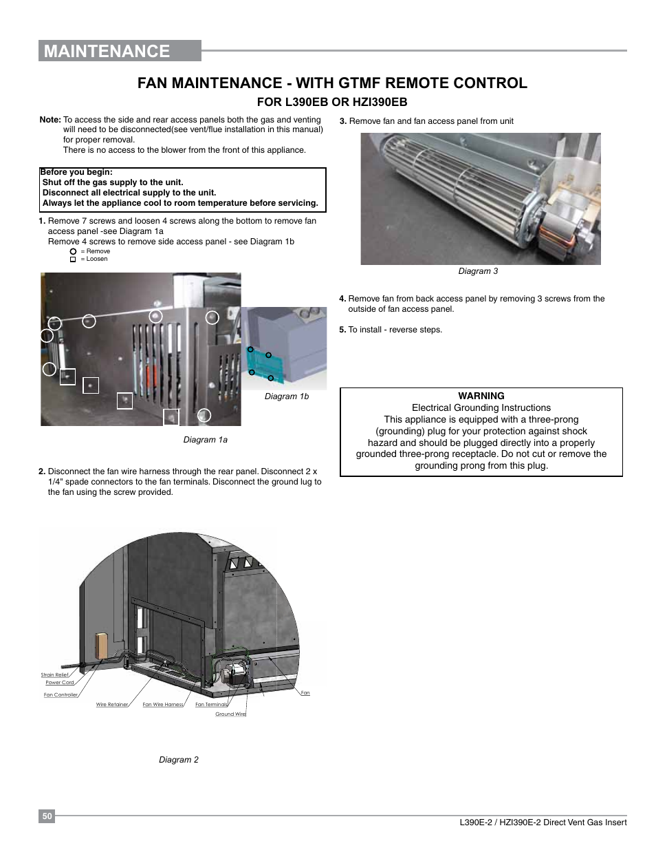 Maintenance, Fan maintenance - with gtmf remote control | Regency Liberty L390EB Medium Gas Insert User Manual | Page 50 / 60