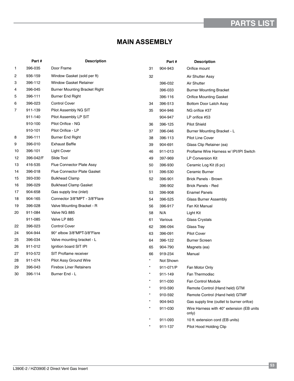 Parts list, Main assembly | Regency Liberty L390EB Medium Gas Insert User Manual | Page 53 / 60