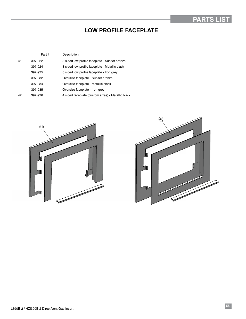 Parts list, Low profile faceplate | Regency Liberty L390EB Medium Gas Insert User Manual | Page 55 / 60