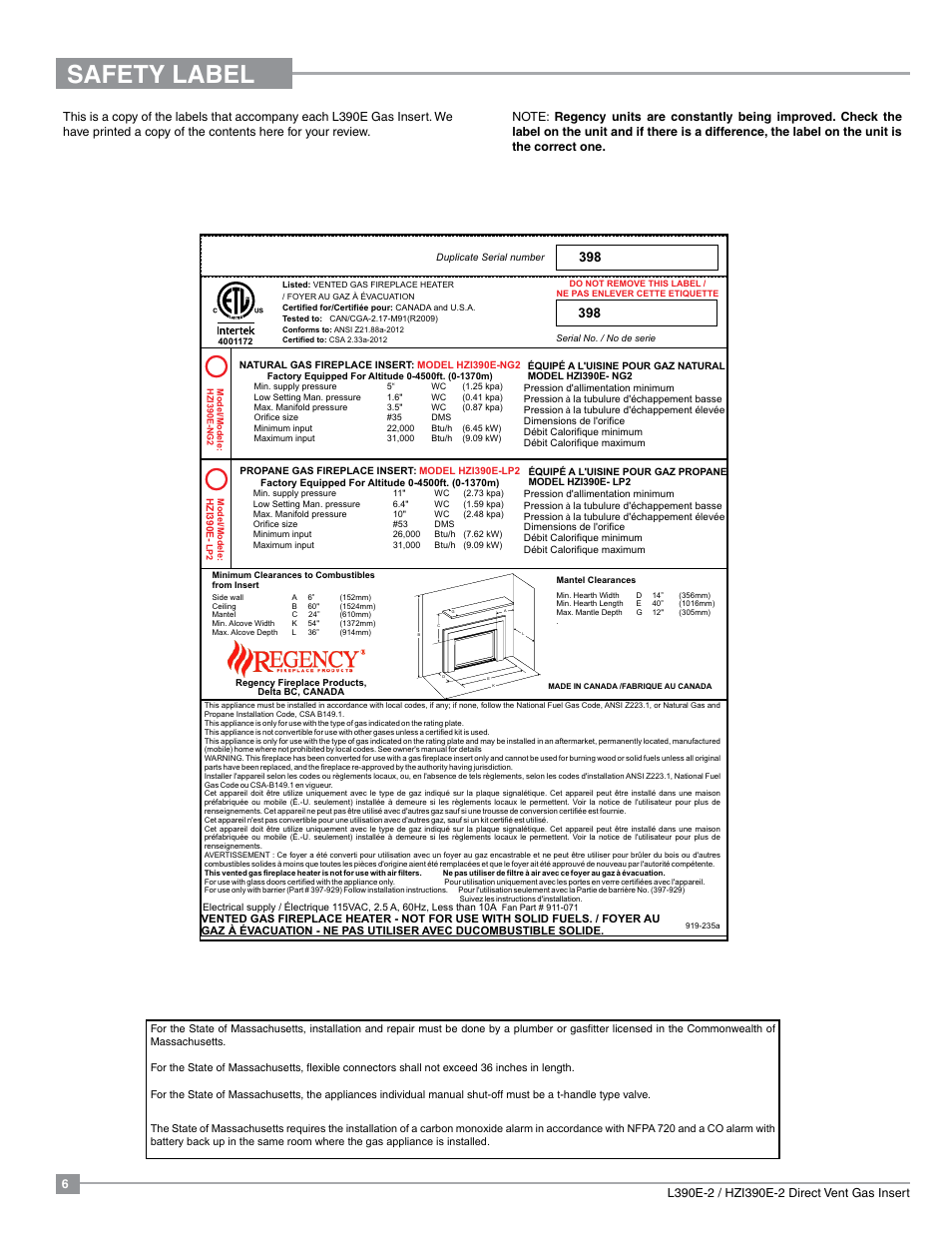 Safety label | Regency Liberty L390EB Medium Gas Insert User Manual | Page 6 / 60