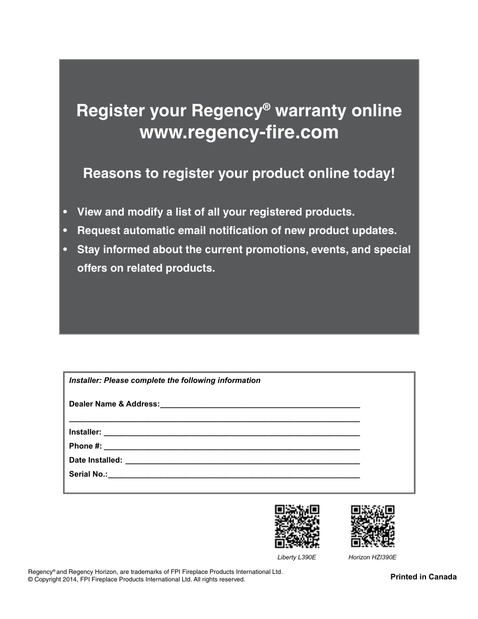 Register your regency, Warranty online, Reasons to register your product online today | Regency Liberty L390EB Medium Gas Insert User Manual | Page 60 / 60