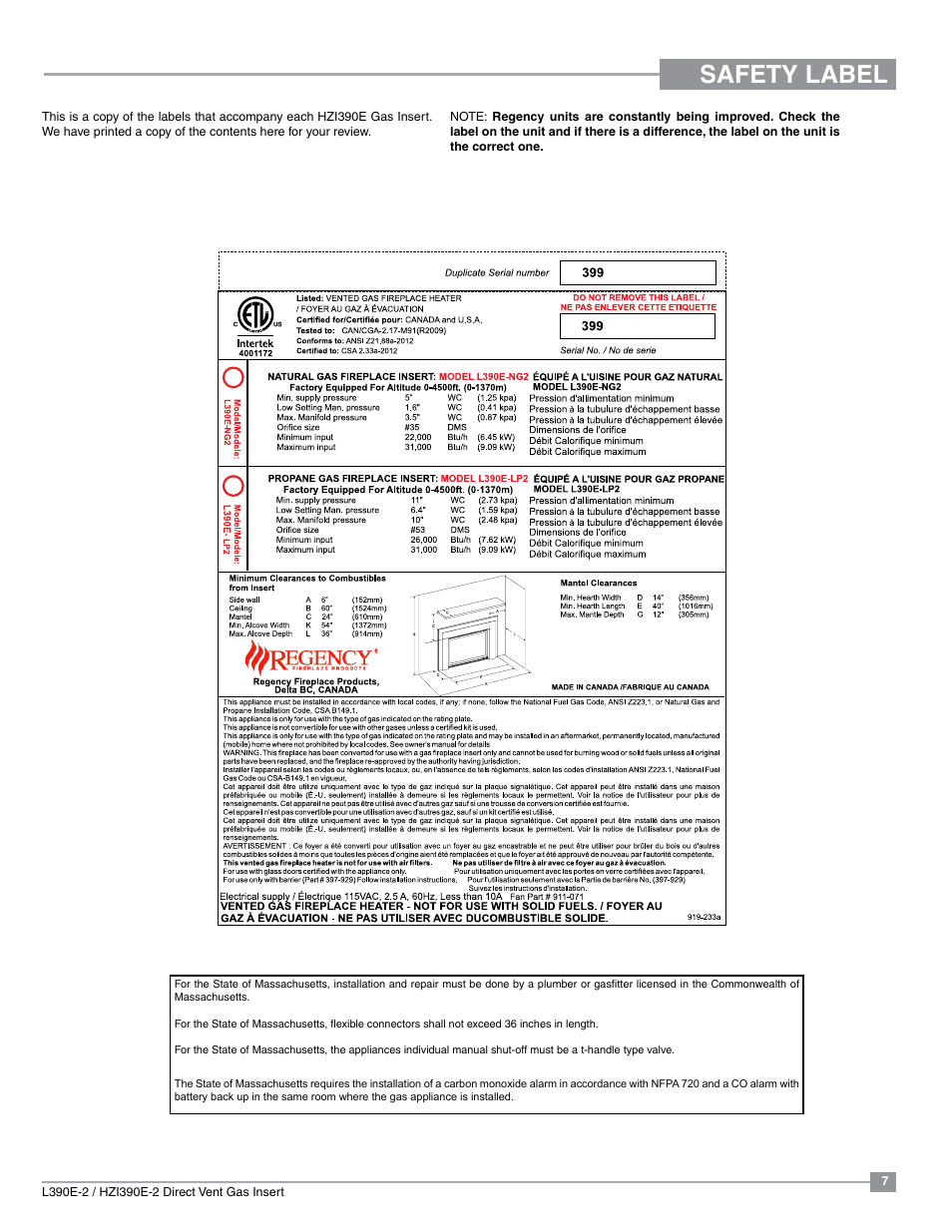Safety label | Regency Liberty L390EB Medium Gas Insert User Manual | Page 7 / 60
