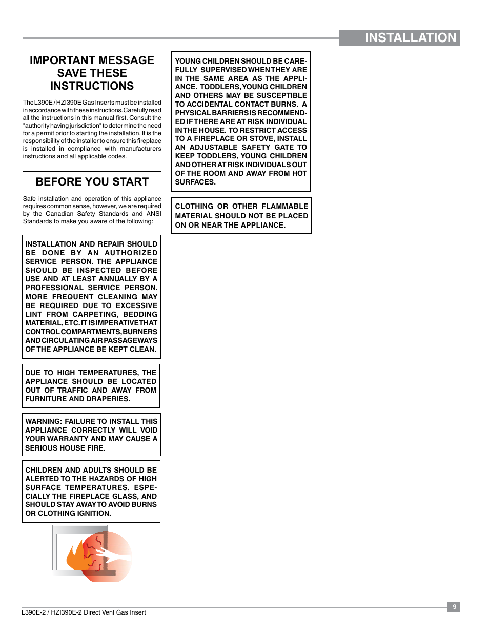 Installation, Important message save these instructions, Before you start | Regency Liberty L390EB Medium Gas Insert User Manual | Page 9 / 60