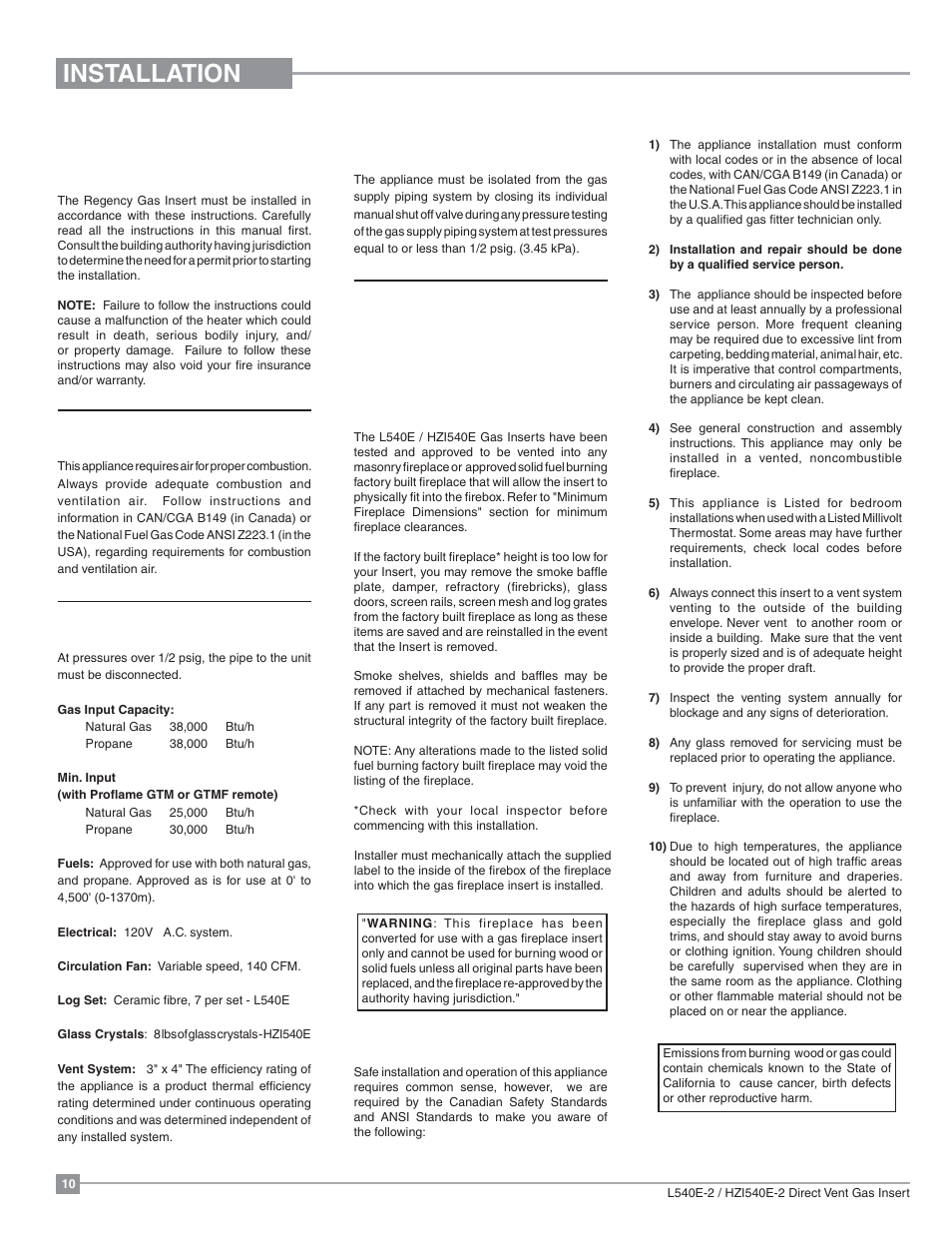 Installation, Important message save these instructions, For your safety | Specifications, Gas pressure testing, Before you start | Regency Liberty L540EB Large Gas Insert User Manual | Page 10 / 56