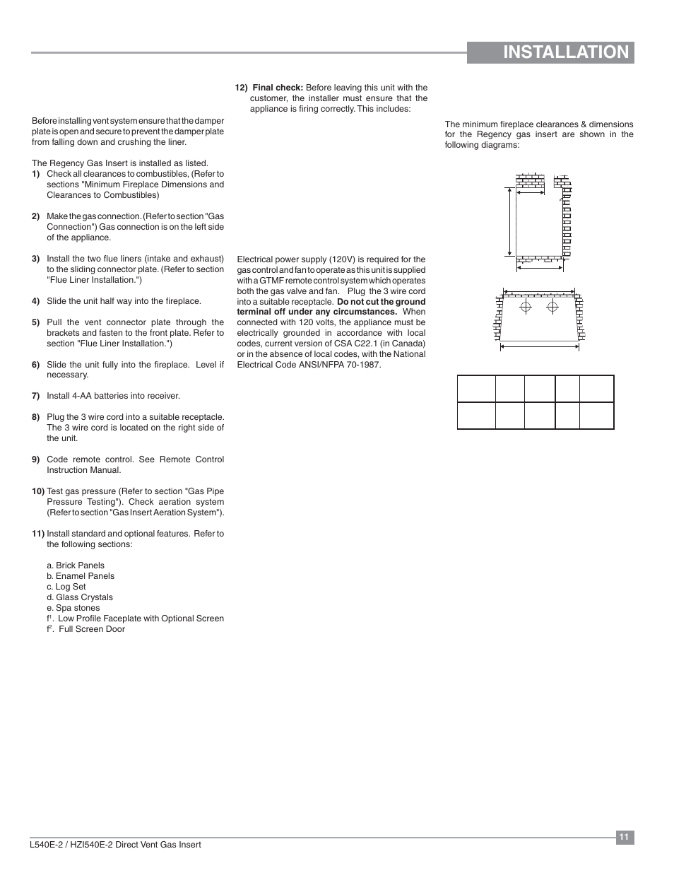 Installation, Materials required, Installation checklist | Minimum fireplace dimensions | Regency Liberty L540EB Large Gas Insert User Manual | Page 11 / 56