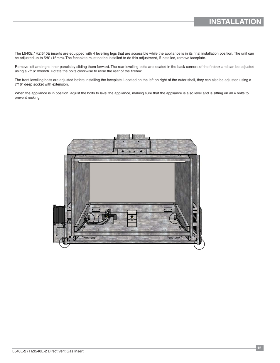 Installation, Leveling leg adjustment | Regency Liberty L540EB Large Gas Insert User Manual | Page 15 / 56