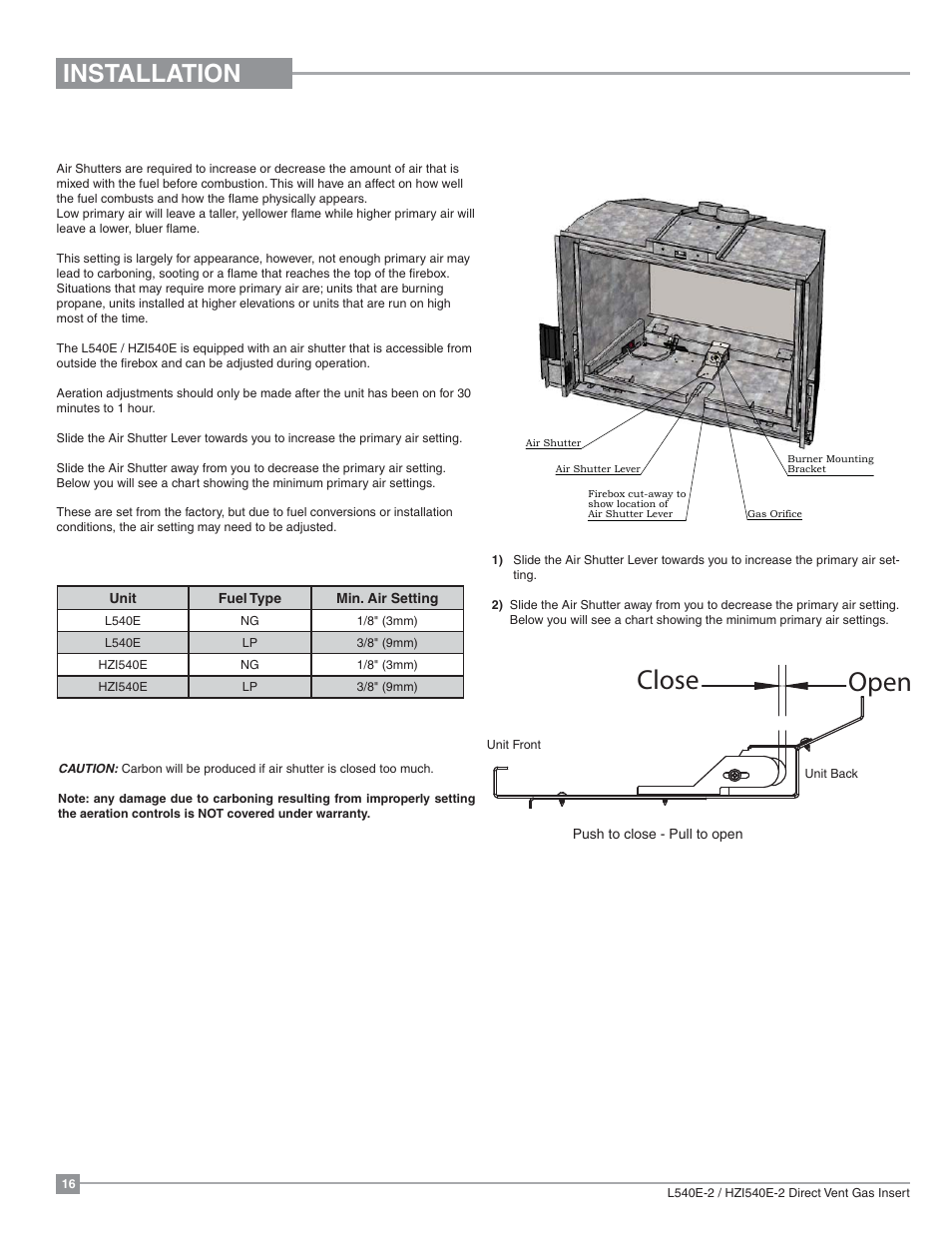 Close open, Installation, Air shutter adjustment | Regency Liberty L540EB Large Gas Insert User Manual | Page 16 / 56