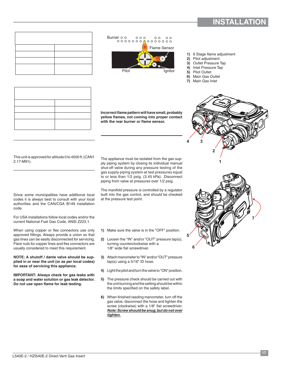 Installation, Gas pipe pressure testing, High elevation | Gas line installation, 885 s.i.t. valve description | Regency Liberty L540EB Large Gas Insert User Manual | Page 17 / 56