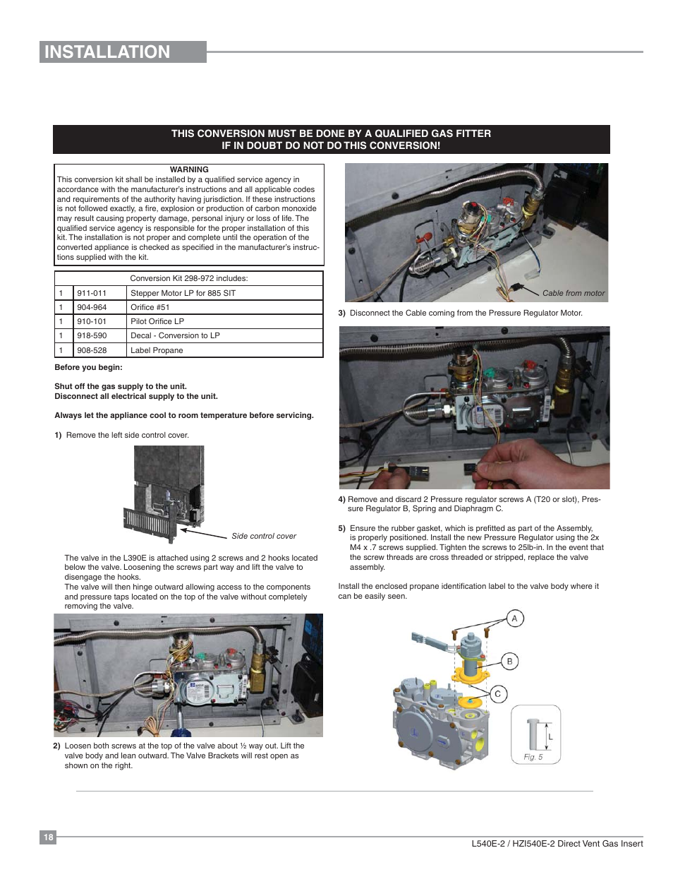 Installation, Conversion from ng to lp | Regency Liberty L540EB Large Gas Insert User Manual | Page 18 / 56