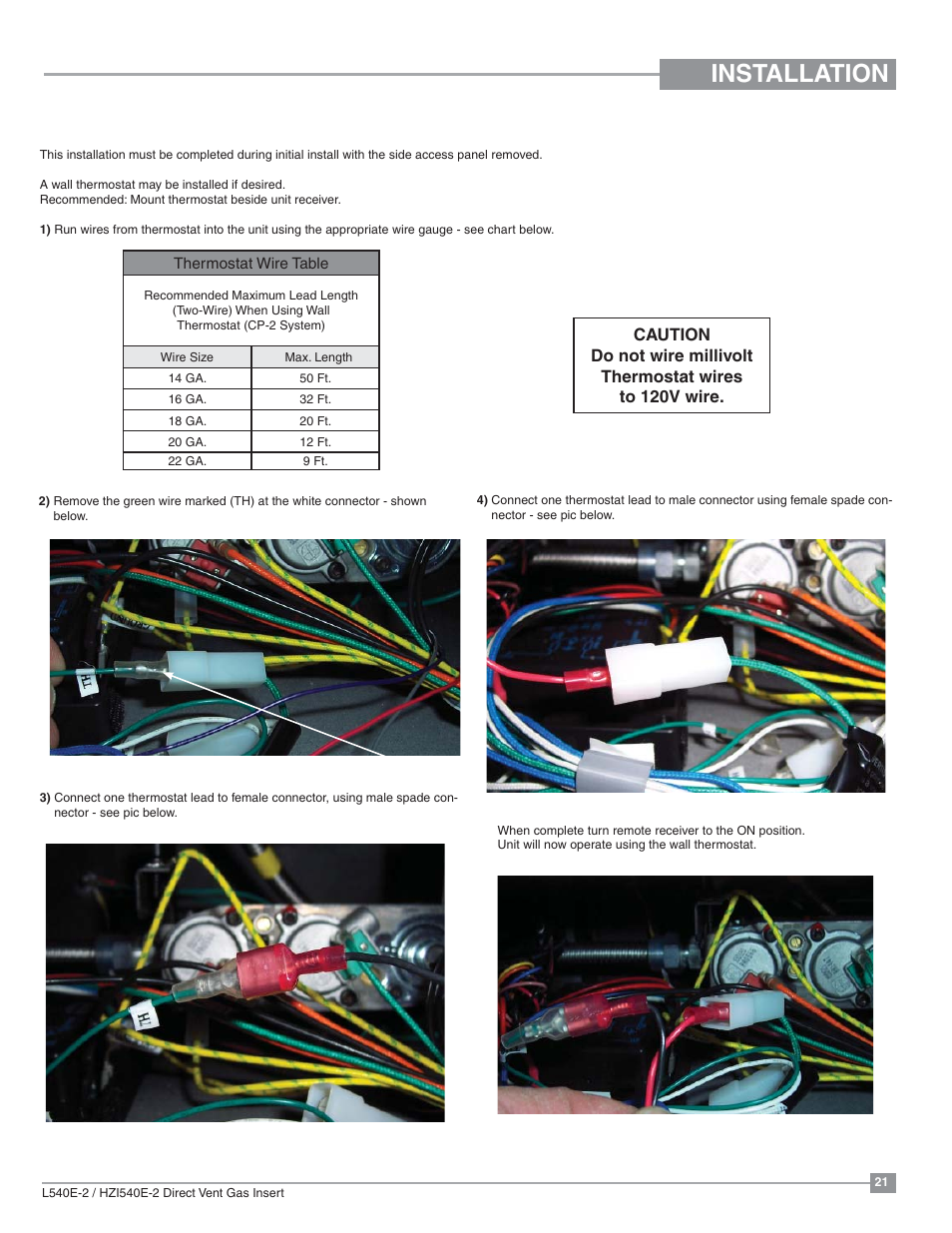 Installation, Optional wall thermostat installation | Regency Liberty L540EB Large Gas Insert User Manual | Page 21 / 56