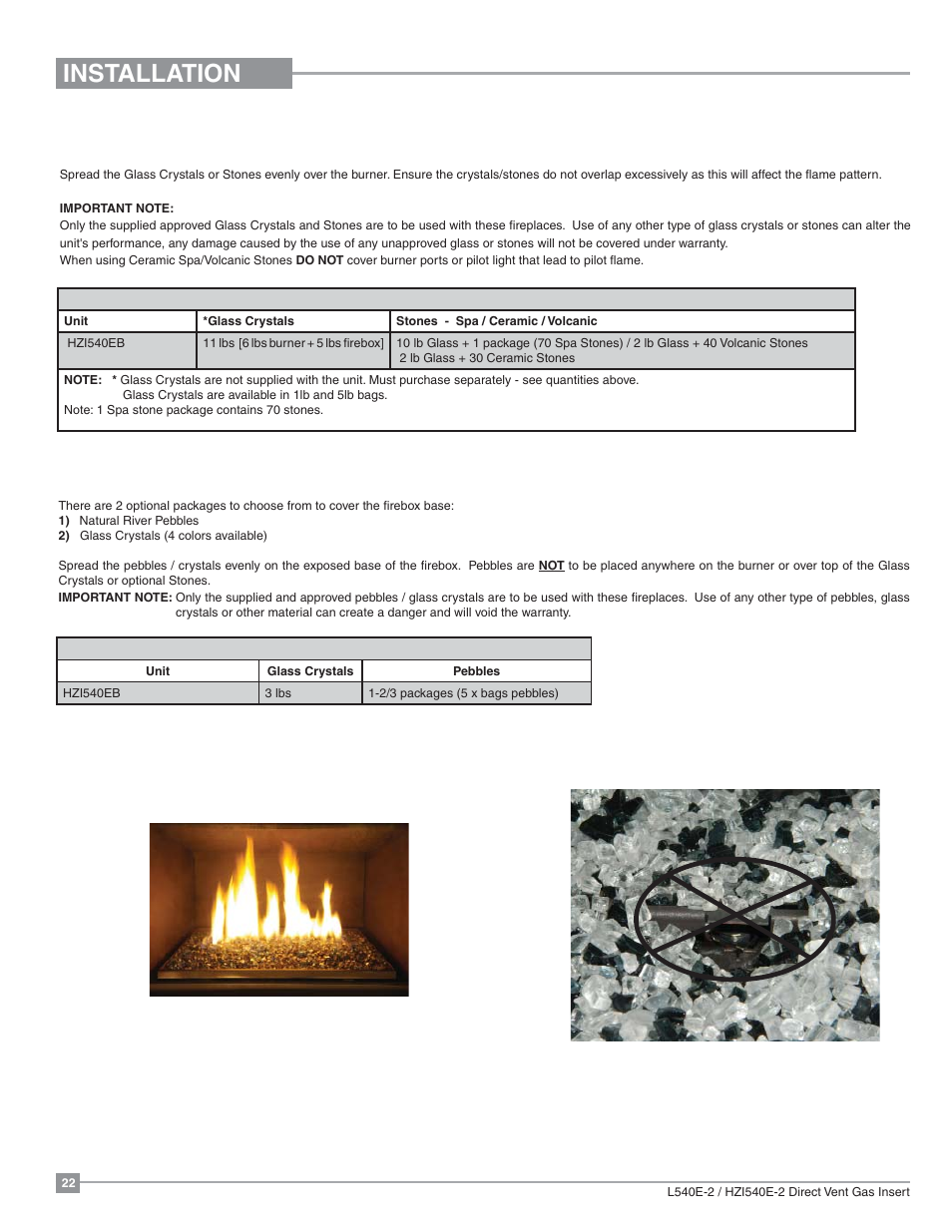 Installation, Glass crystal / optional stone installation | Regency Liberty L540EB Large Gas Insert User Manual | Page 22 / 56