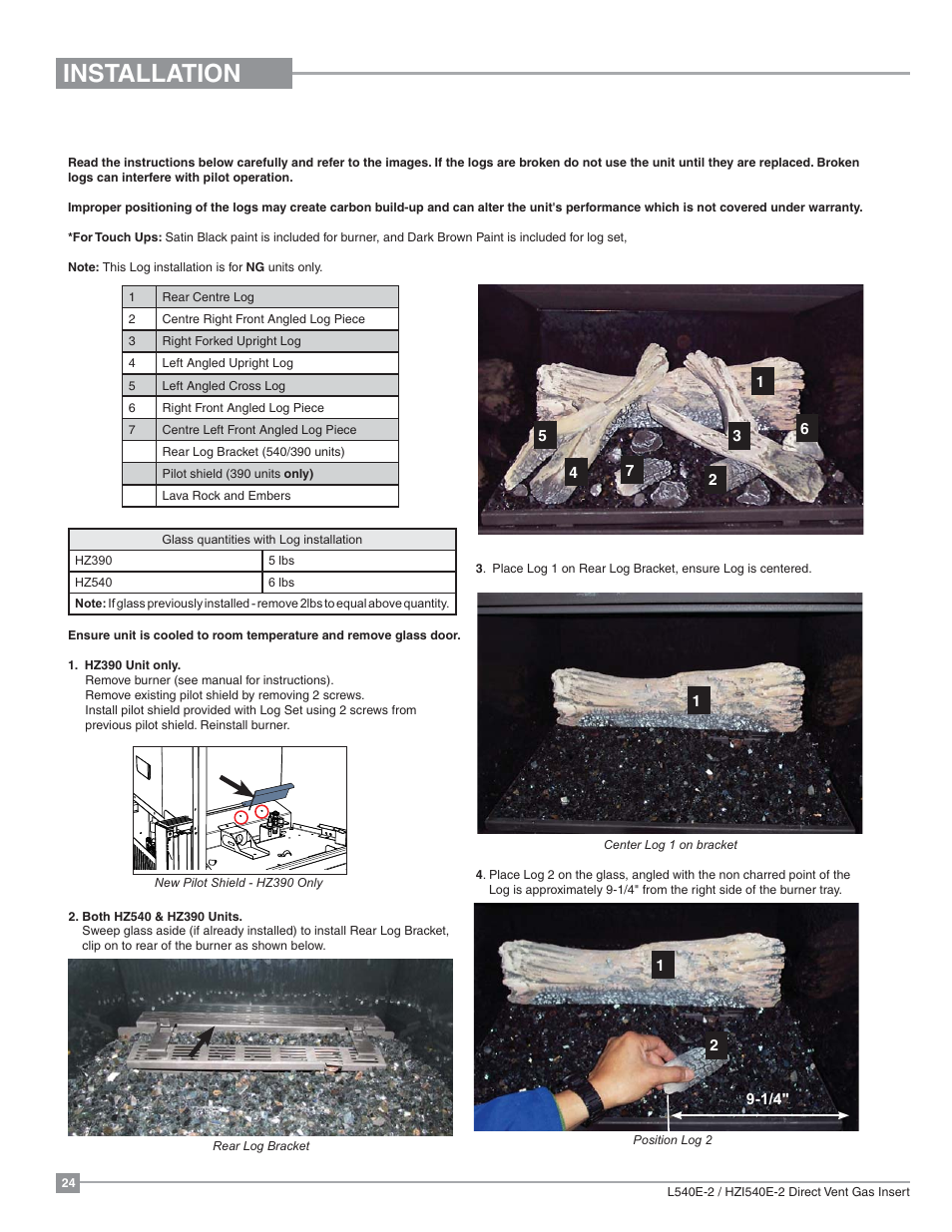 Installation, Hz540e optional log set installation | Regency Liberty L540EB Large Gas Insert User Manual | Page 24 / 56