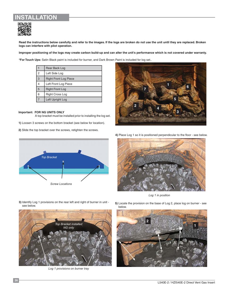 Installation, L540e log set installation | Regency Liberty L540EB Large Gas Insert User Manual | Page 26 / 56