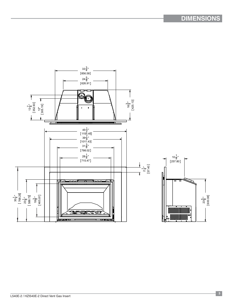 Dimensions, Unit dimensions | Regency Liberty L540EB Large Gas Insert User Manual | Page 3 / 56